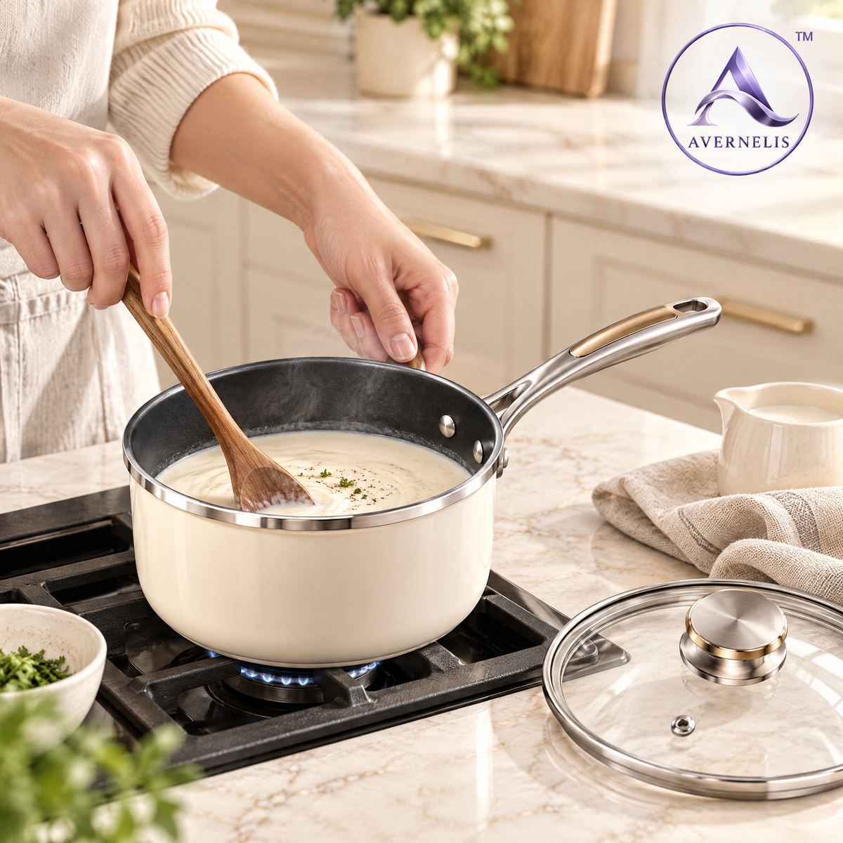 Avernelis™ Cream Nonstick Saucepan with Glass Lid