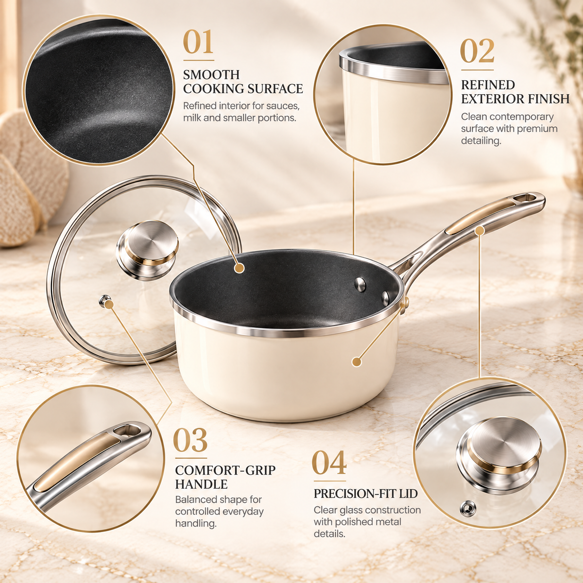 Avernelis™ Cream Nonstick Saucepan with Glass Lid