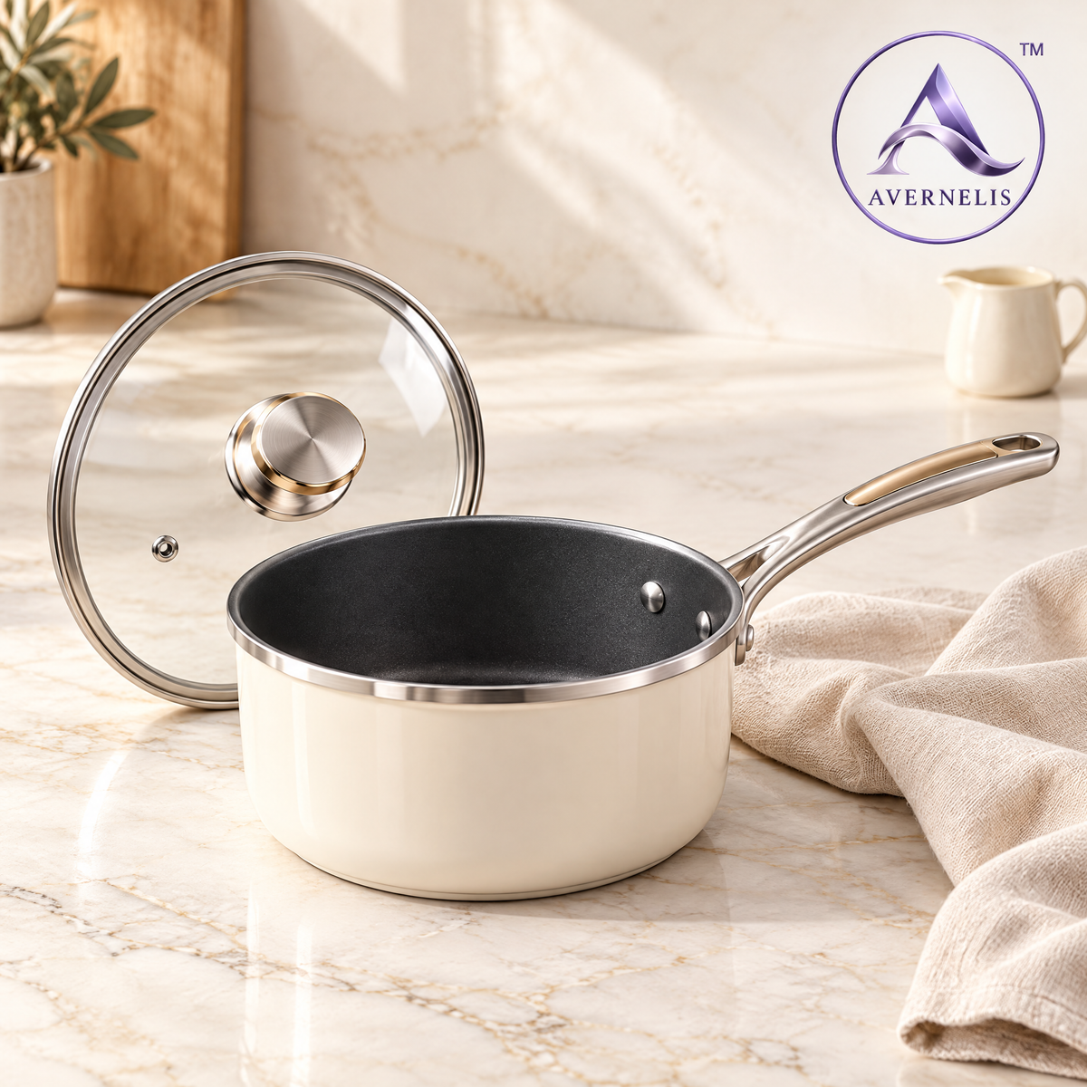Avernelis™ Cream Nonstick Saucepan with Glass Lid